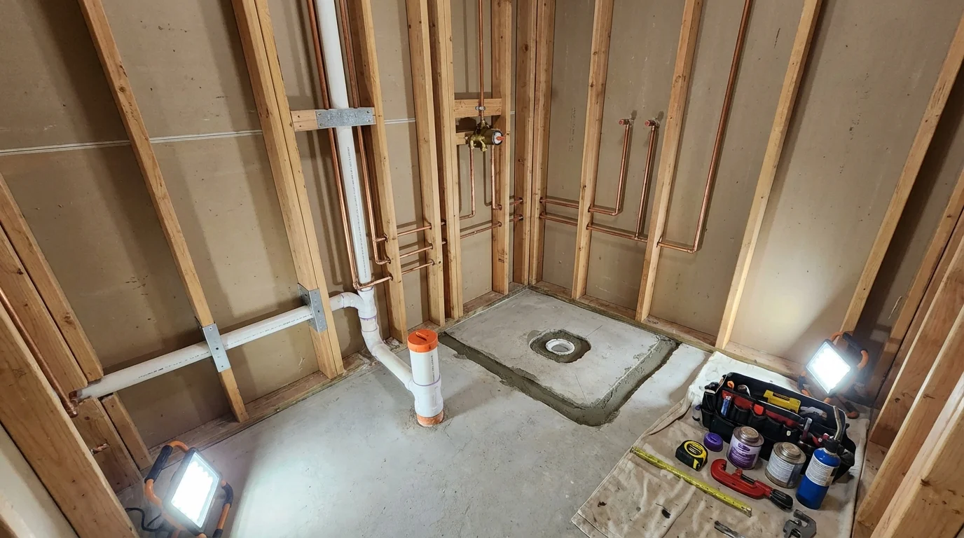 Bathroom rough-in plumbing during remodel by Johns Plumbing LLC in Hesston