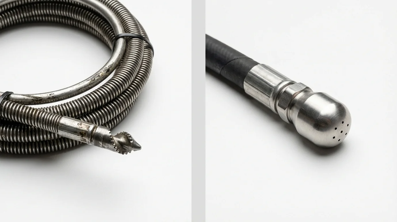 Drain snake cable and hydro jetting nozzle used for drain cleaning in Hesston, KS