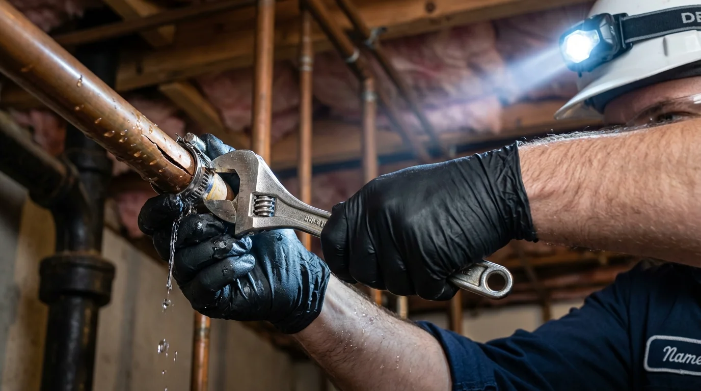 Emergency pipe clamp repair being performed by a Johns Plumbing LLC plumber in Hesston