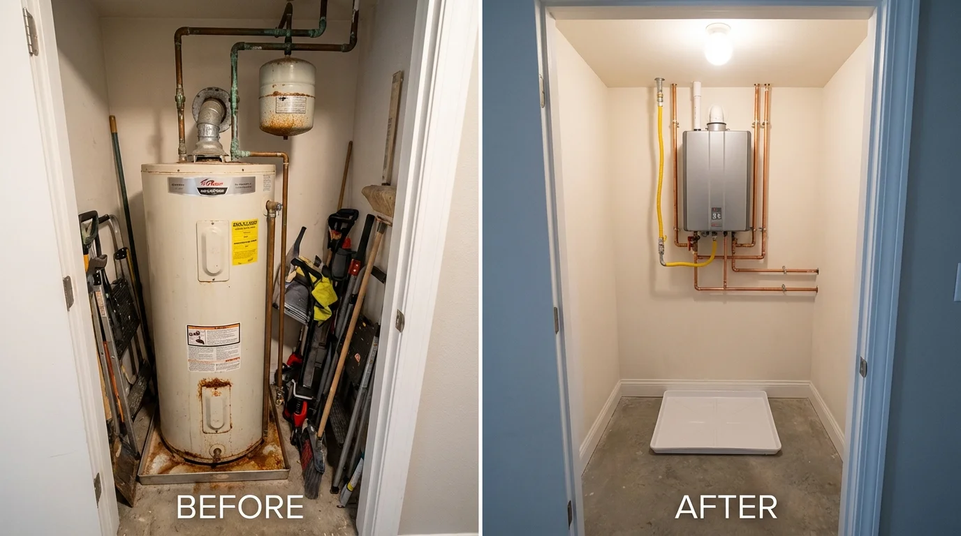 Tank water heater versus wall-mounted tankless unit comparison for Hesston, KS homeowners