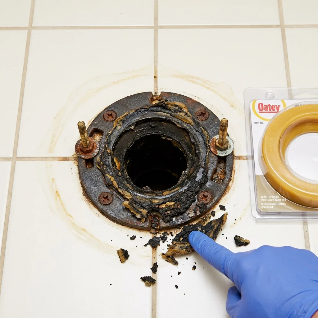 Failed wax ring showing water seepage at the base of a toilet in a Hesston, KS home