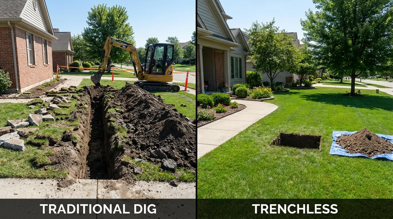 Trenchless sewer repair with minimal yard damage versus traditional excavation in Hesston, KS