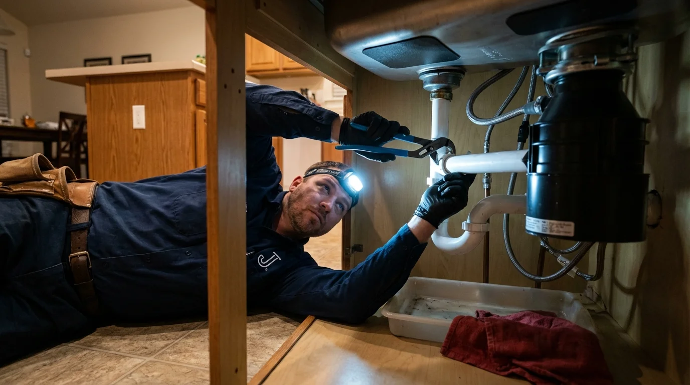 P-trap and supply line connections under a kitchen sink showing a common leak point in Hesston, KS